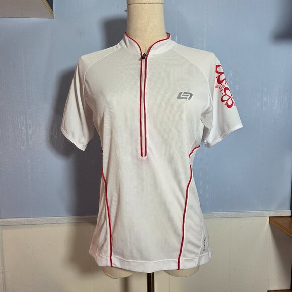 Bellwether Technical Apparel Large White Red Floral Quarter Zip Cycling Shirt - Picture 1 of 9